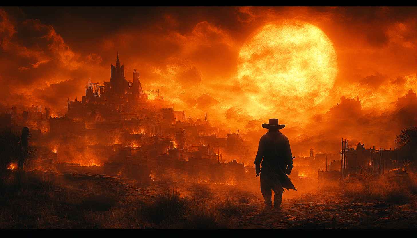 Western Apocalypse Wallpaper: Cowboy, Desert, Burning City, and Epic Sunset