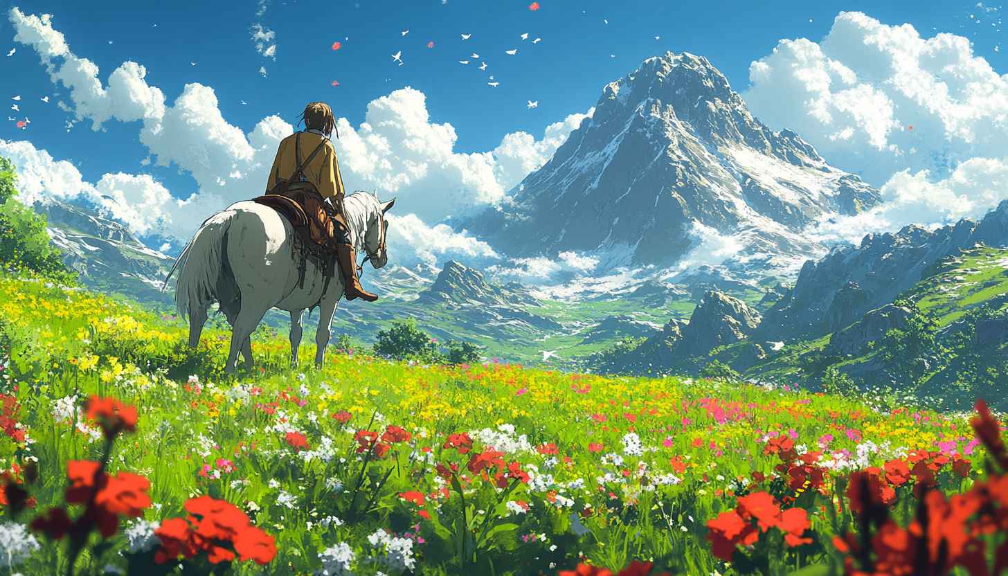 Anime Horse Landscape Wallpaper, Mountain & Floral Field Scenery Art