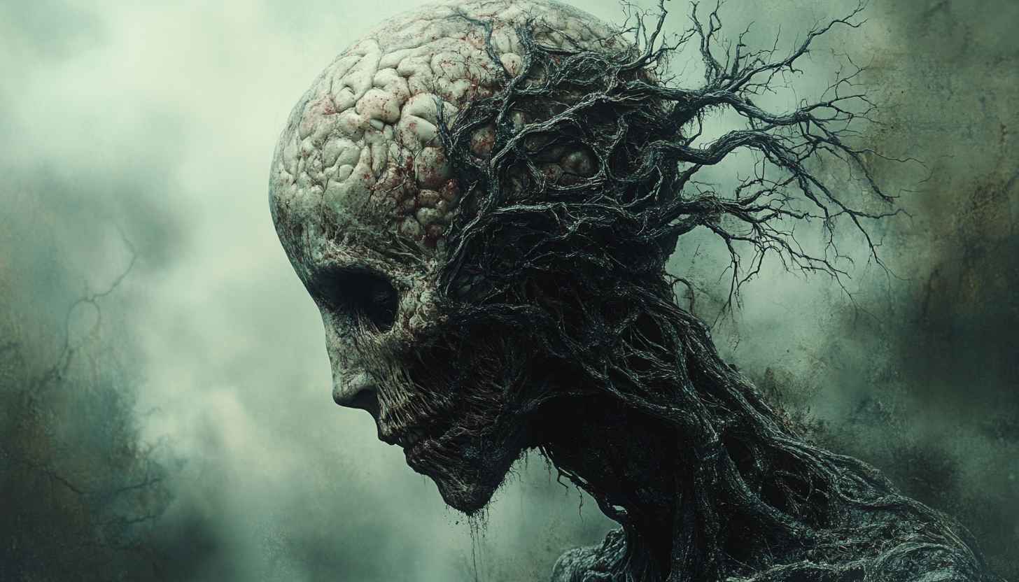 Creepy Horror Wallpaper: Zombie Head with Brain and Roots