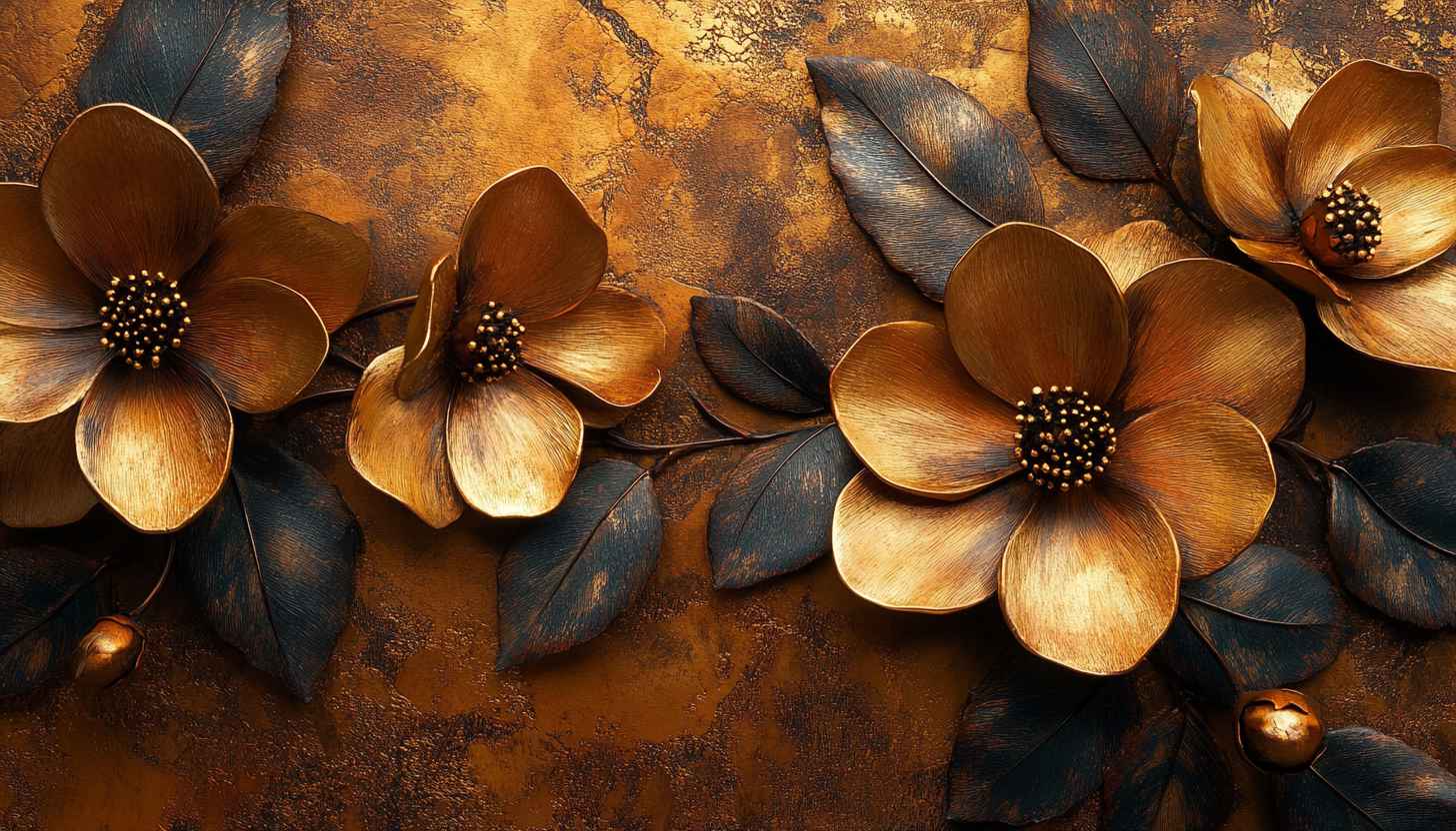 Elegant Golden Flower Wallpaper, Floral Art, Luxurious Design, 3D