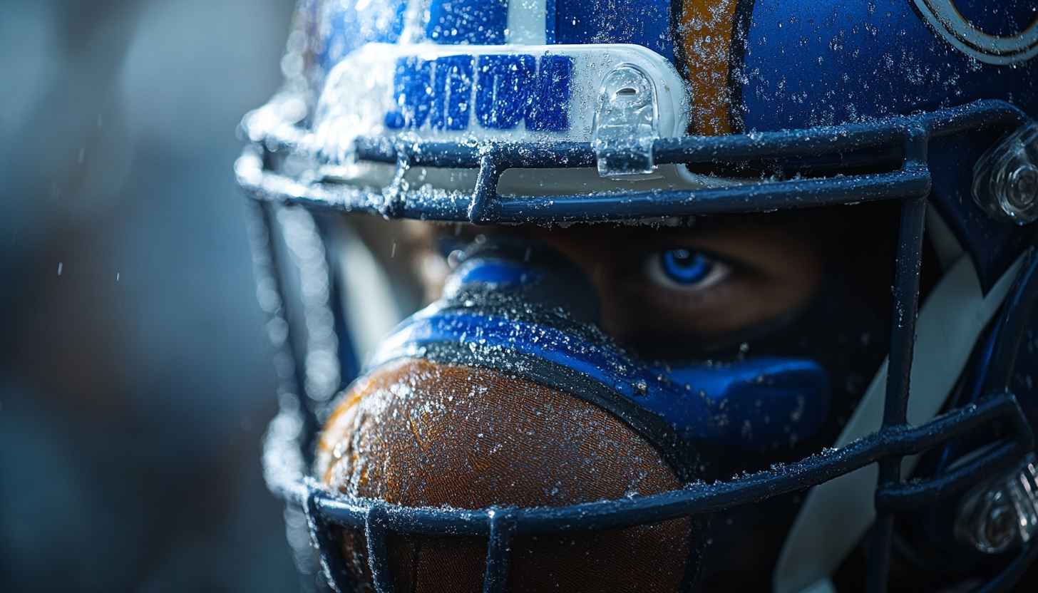 NFL Football Wallpaper: Rams Player Close-Up, Snowy Weather, Blue Eyes
