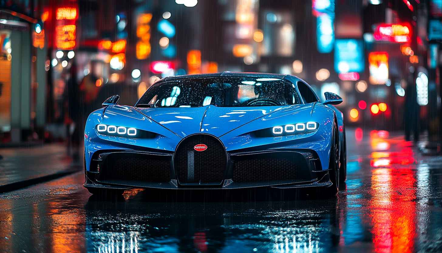 Bugatti Car Wallpaper, Supercar Aesthetic, Rainy Night, Neon Backdrop