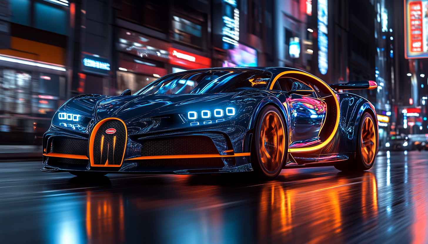 Bugatti Car Wallpaper, Neon Cityscape, Automotive Background