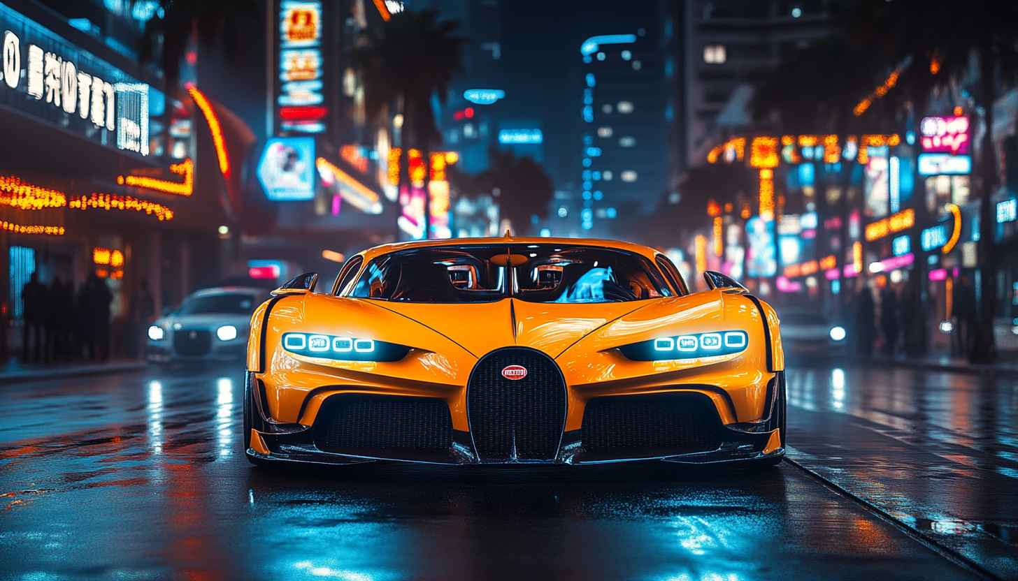Bugatti Wallpaper: Golden Car in Neon City at Night