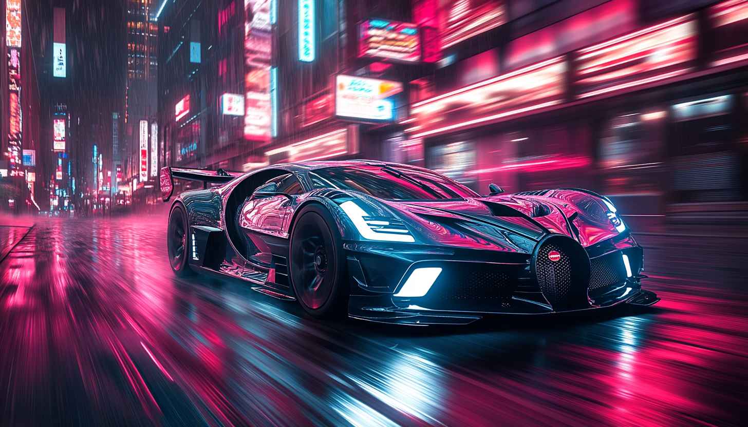 Cyberpunk Car Wallpaper: Bugatti Neon Cityscape 4K