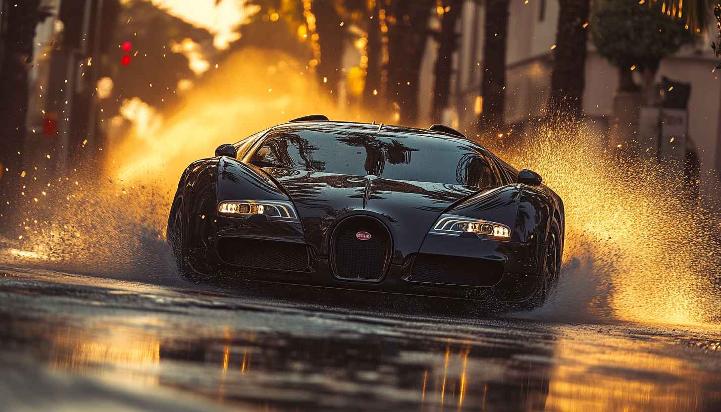 Bugatti Veyron Wallpaper: Black Car, Street Scene, Luxury Vehicle