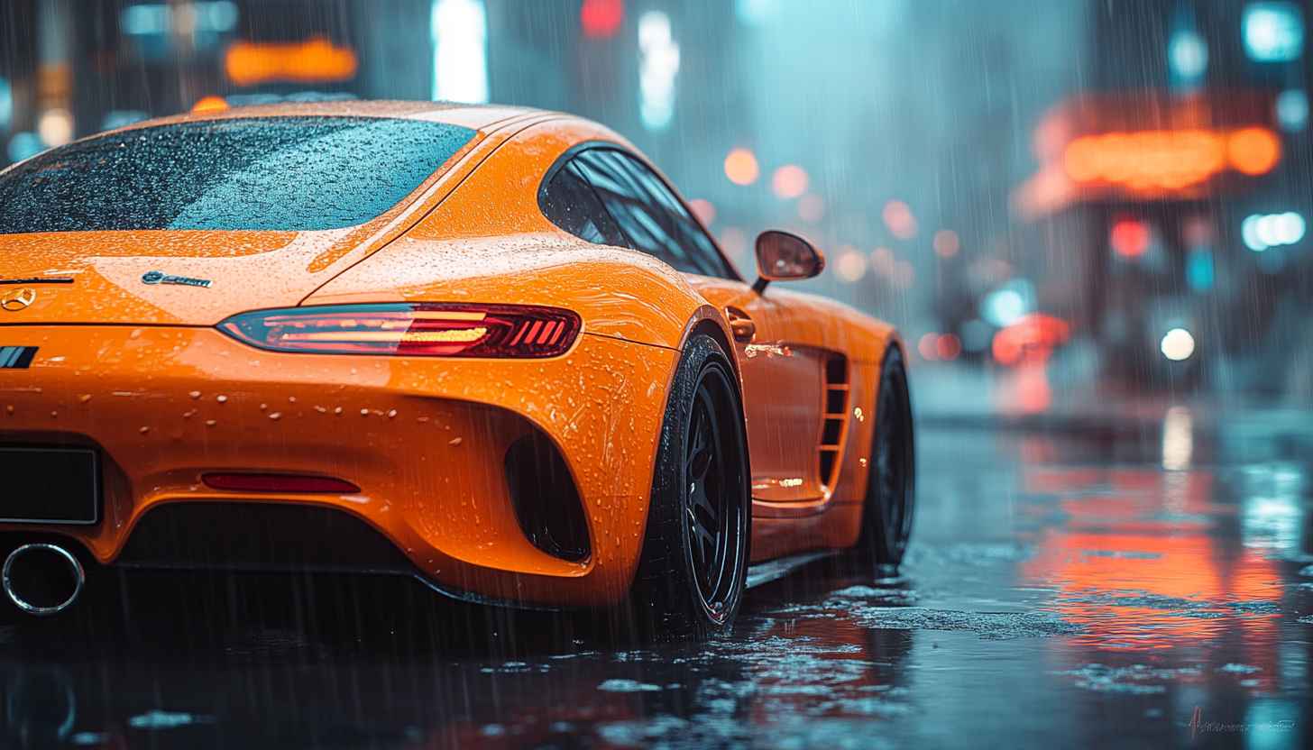Mercedes AMG GT Wallpaper: Orange Car in Rain, City Lights