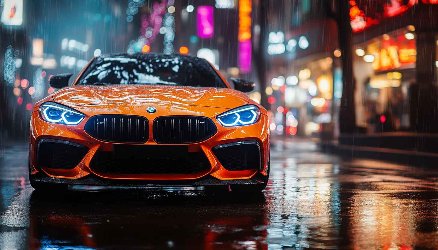 BMW Car Wallpaper: Orange Sports Car, Rainy City Night