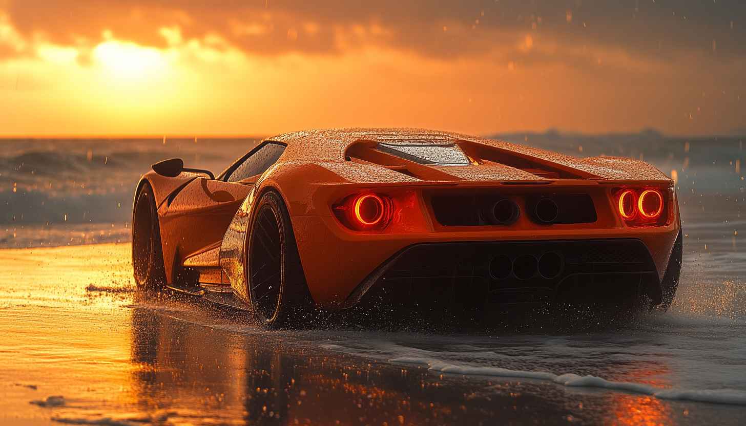 Ford GT Car Wallpaper: Orange Exotic Car on Beach Sunset