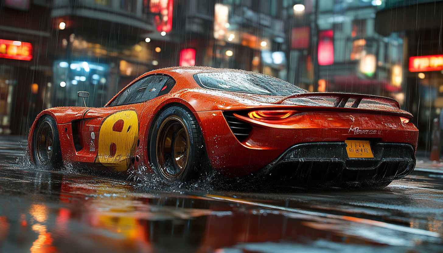 Red Car Wallpaper: Sports Car, Rainy Night, Automotive Aesthetics