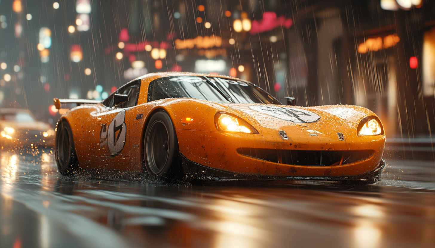 Orange Race Car Wallpaper in Rain, Car Wallpaper, 4K