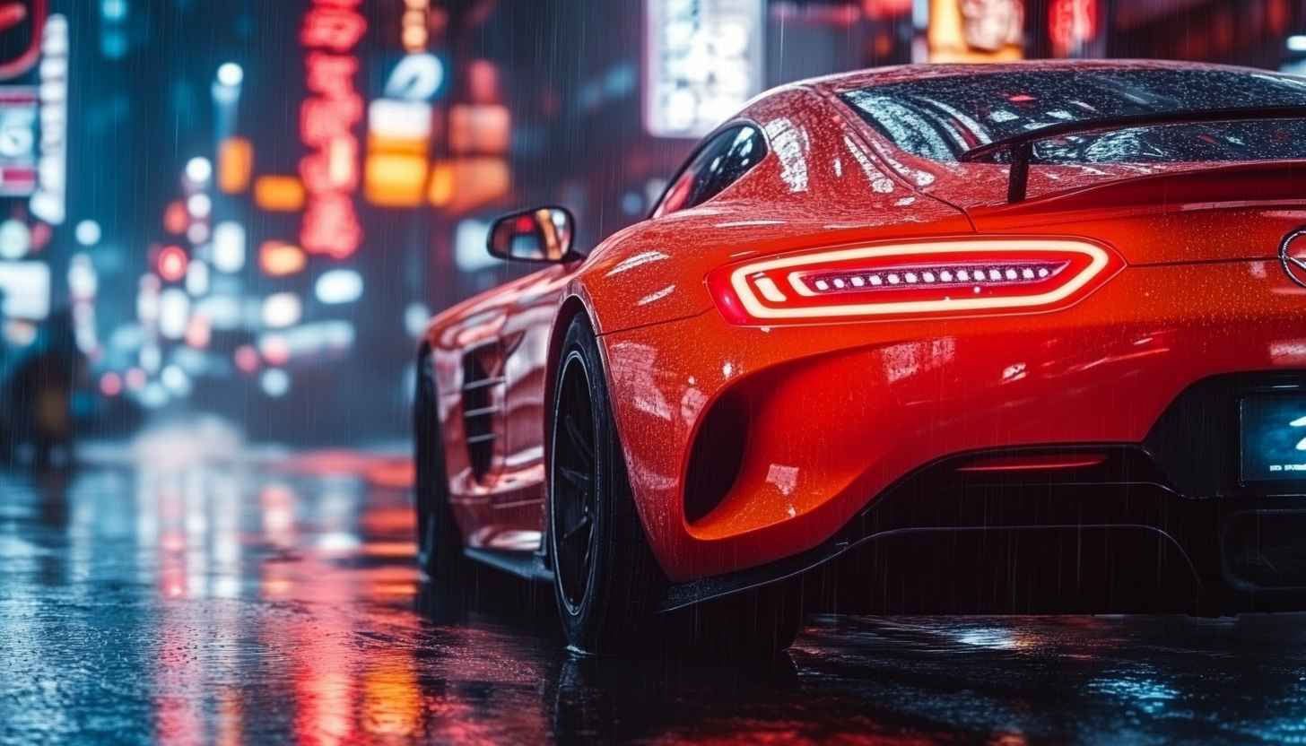 Red Sports Car Wallpaper, Rainy City Nights, Automotive Aesthetics