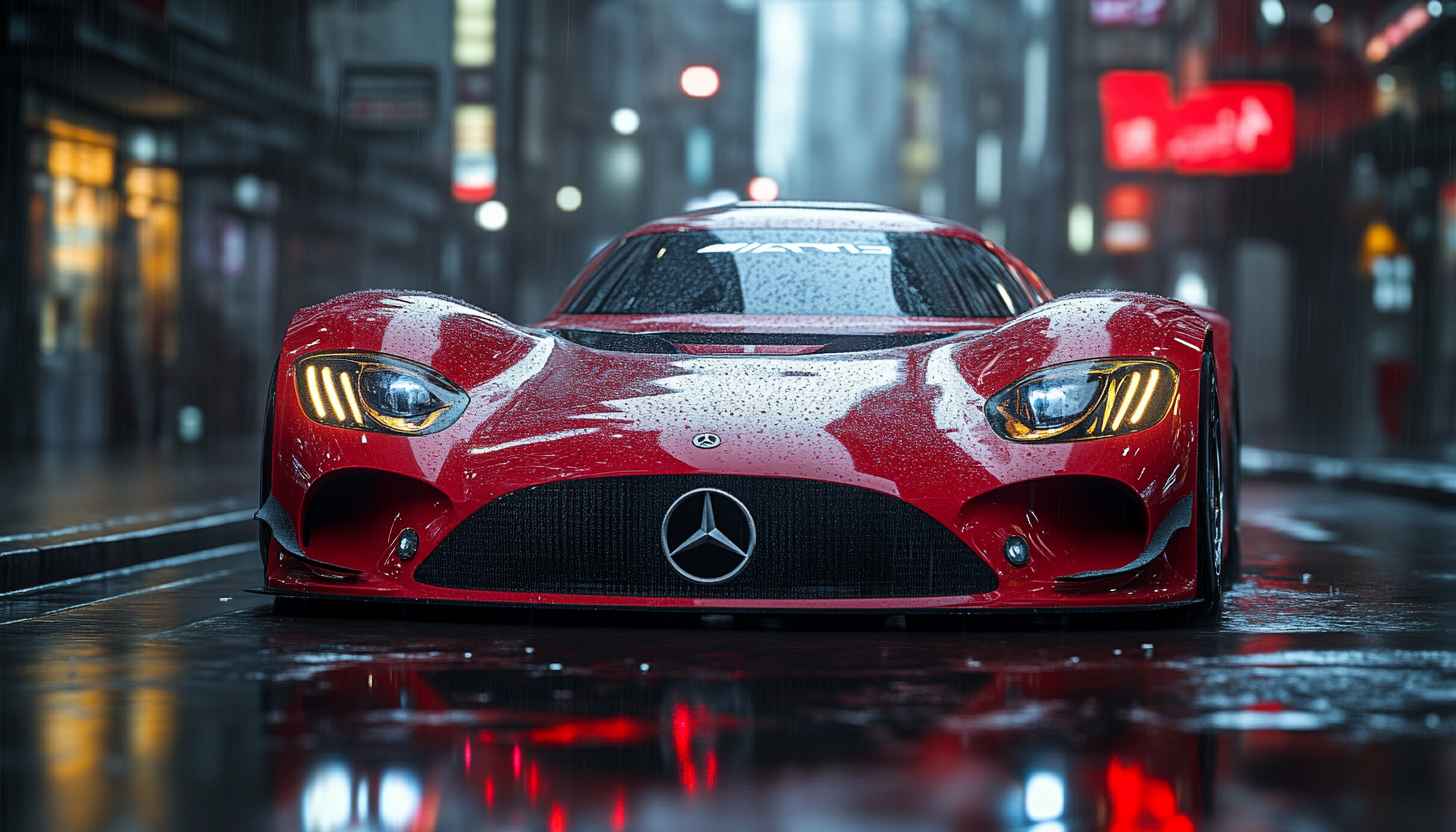 Red Mercedes Car Wallpaper, Rainy City Scape, 4k Wallpaper