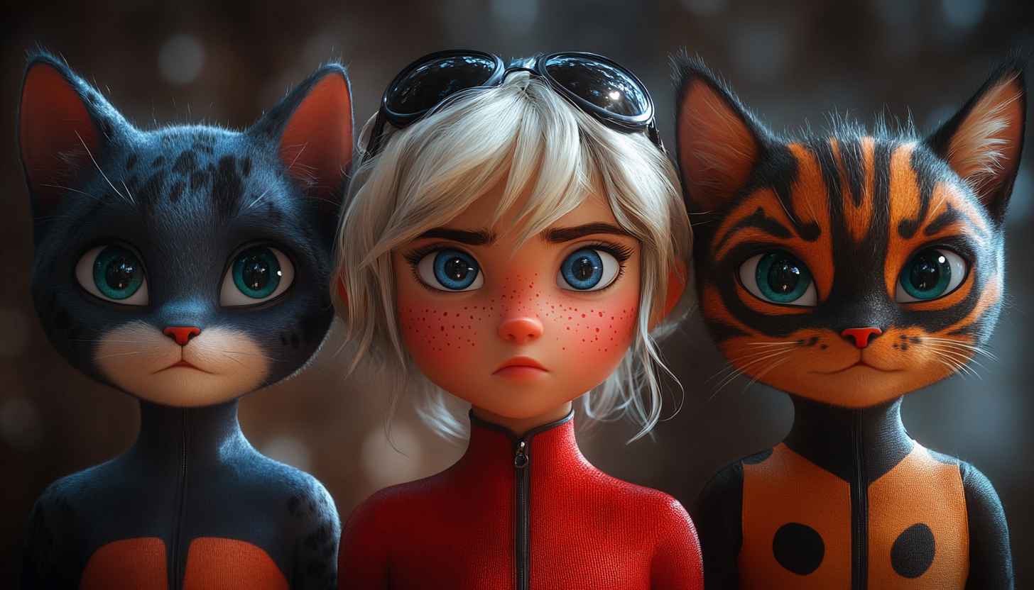Cartoon Character Wallpaper: Girl with Cats Art Background
