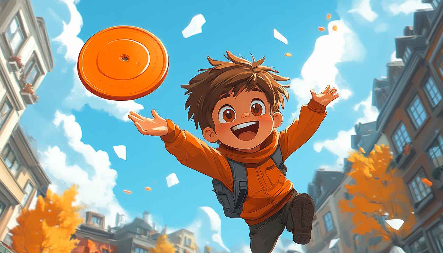 Cartoon Wallpaper: Boy Playing Frisbee in City, Cute Wallpaper