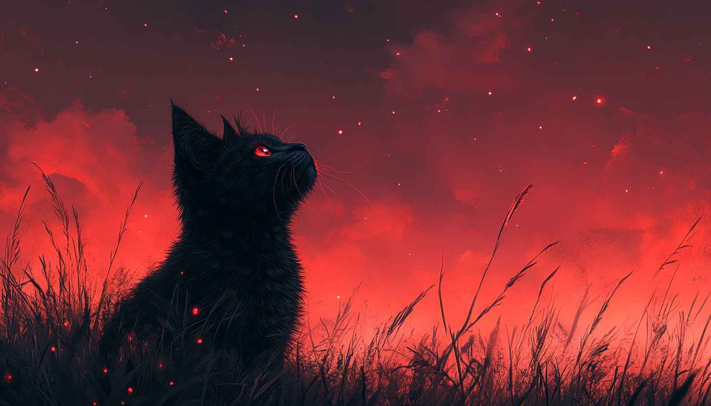 Mystic Black Cat Wallpaper, Red Sky, Fantasy Art Wallpaper
