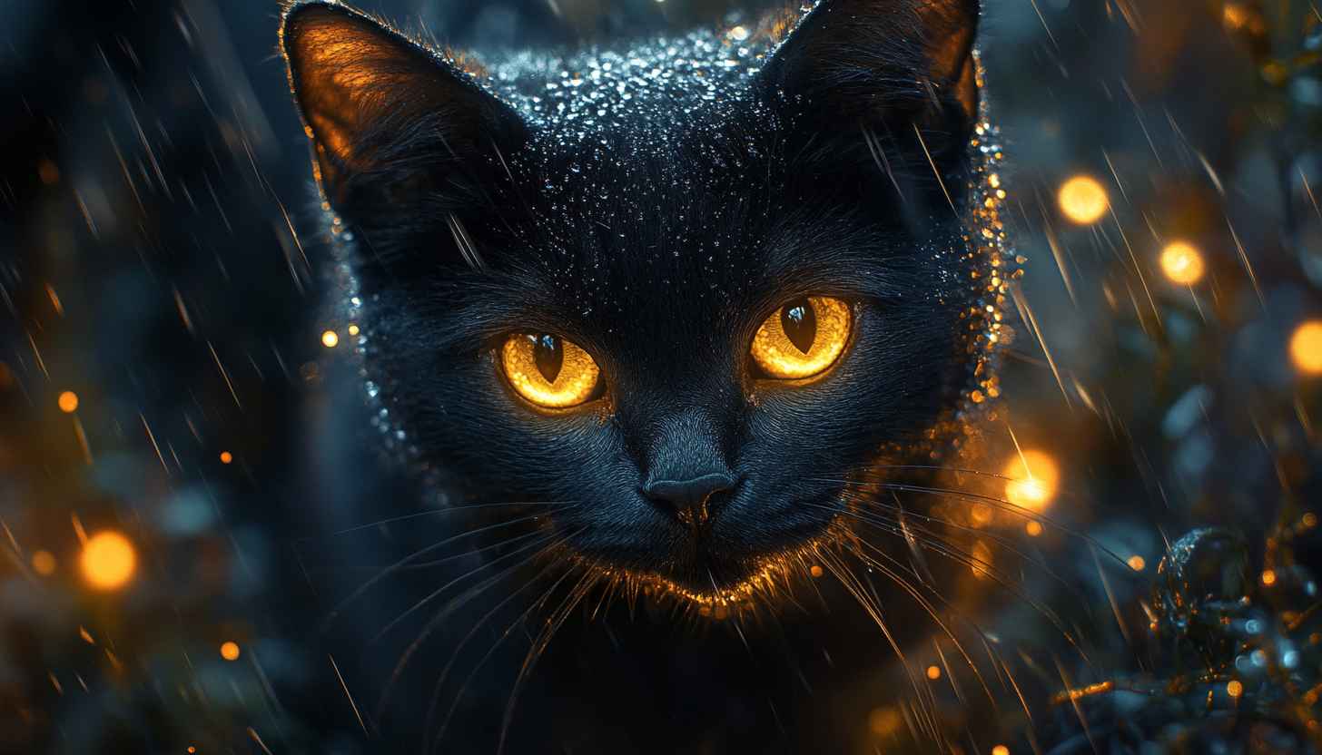Black Cat Wallpaper: Golden Eyes, Rainy Night, High-Resolution