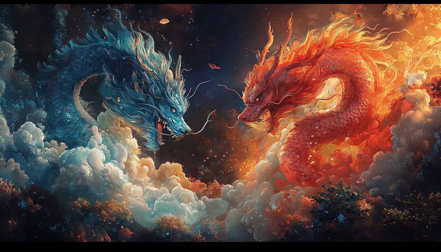 Fiery Dragon Wallpaper: Blue and Red Mythical Beasts Art
