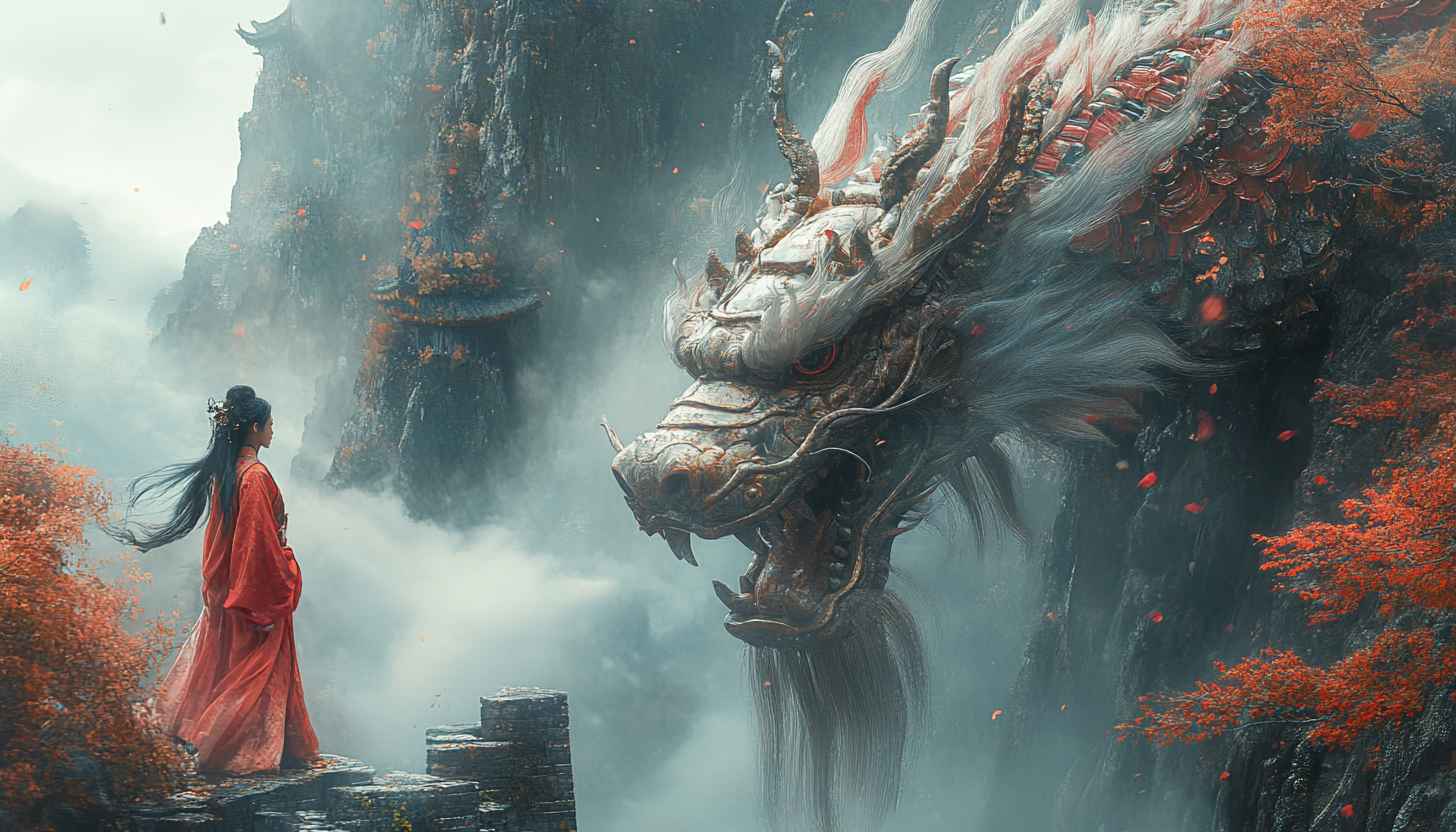 Fantasy Dragon Wallpaper: Chinese Dragon with a Princess, 4K