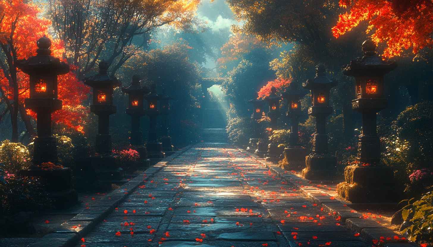Japanese Garden Lantern Wallpaper: Autumn Landscape 4K, Desktop Background
