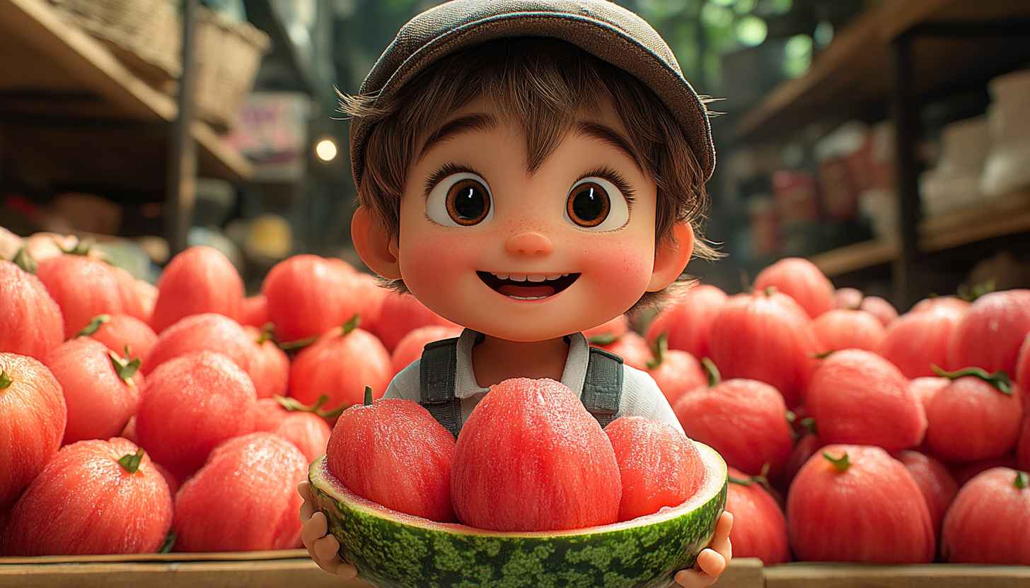 Cartoon Wallpaper: Cute Boy with Watermelon, 4K Resolution Available
