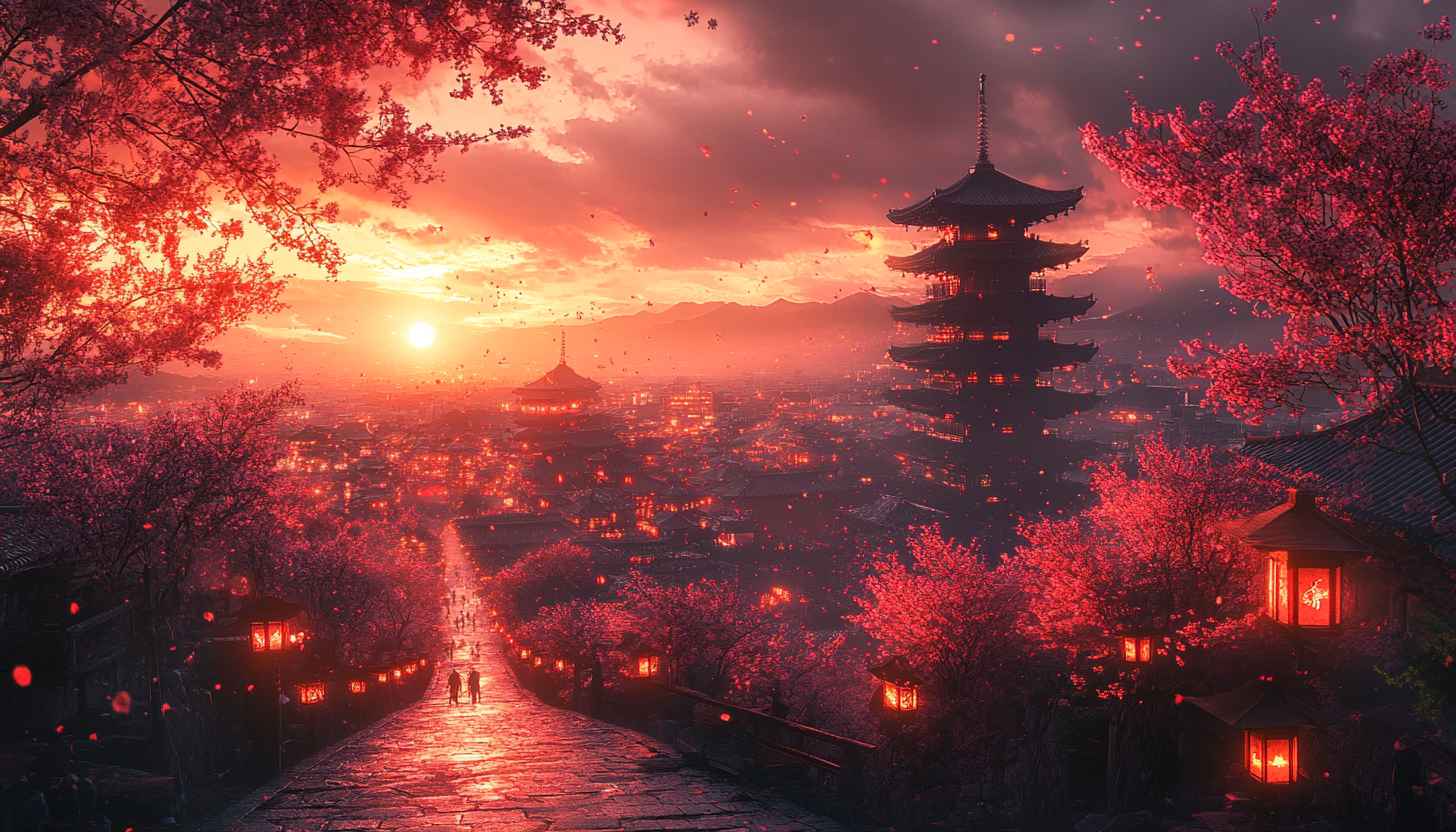Japanese Cherry Blossom Wallpaper, Temple, Sunset Landscape Background 4K