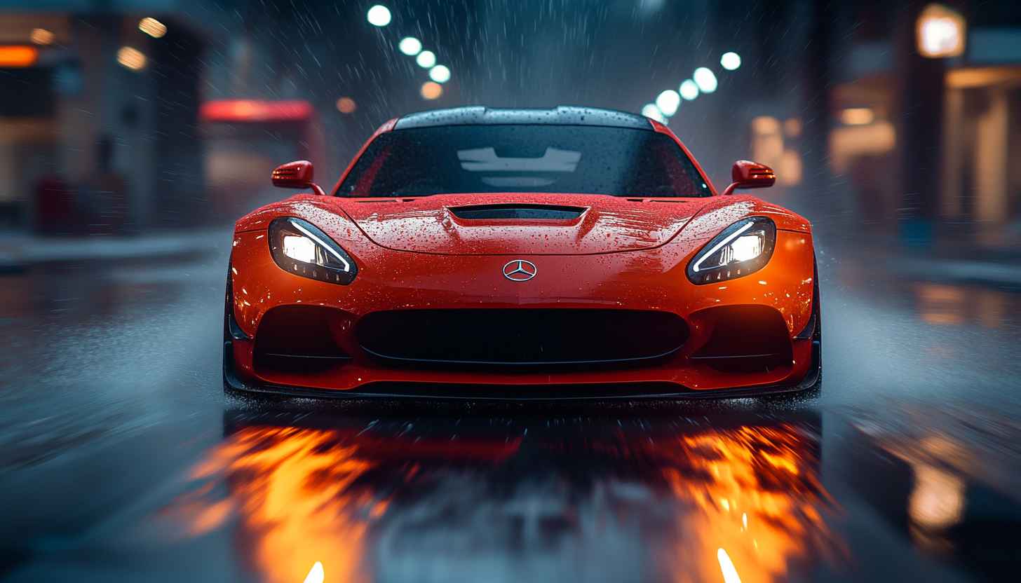 Red Mercedes-AMG Car Wallpaper, Rainy Night, Vehicle Background, 4K