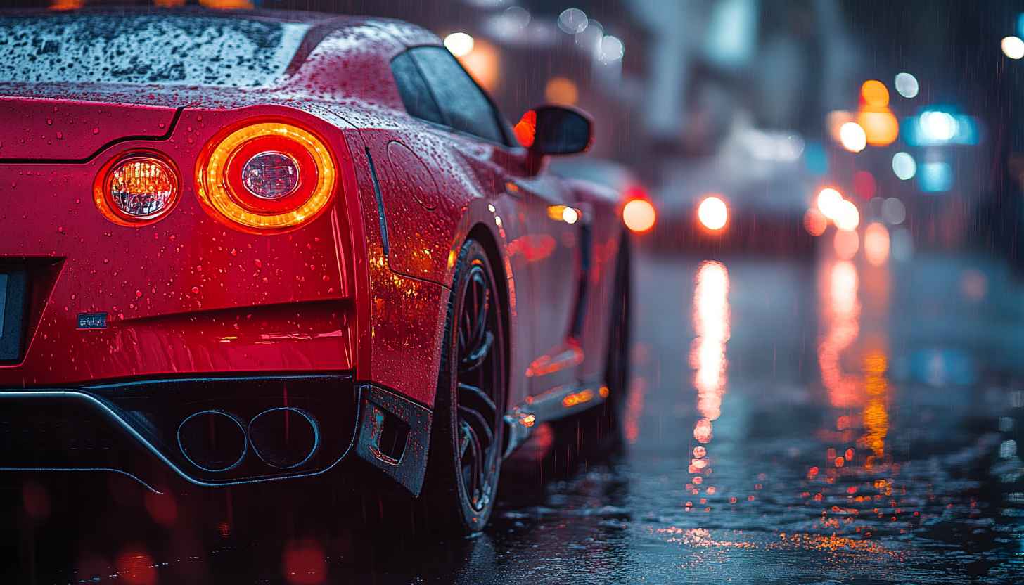 Nissan GTR Wallpaper: Red Car, Rainy Night, Auto Wallpaper