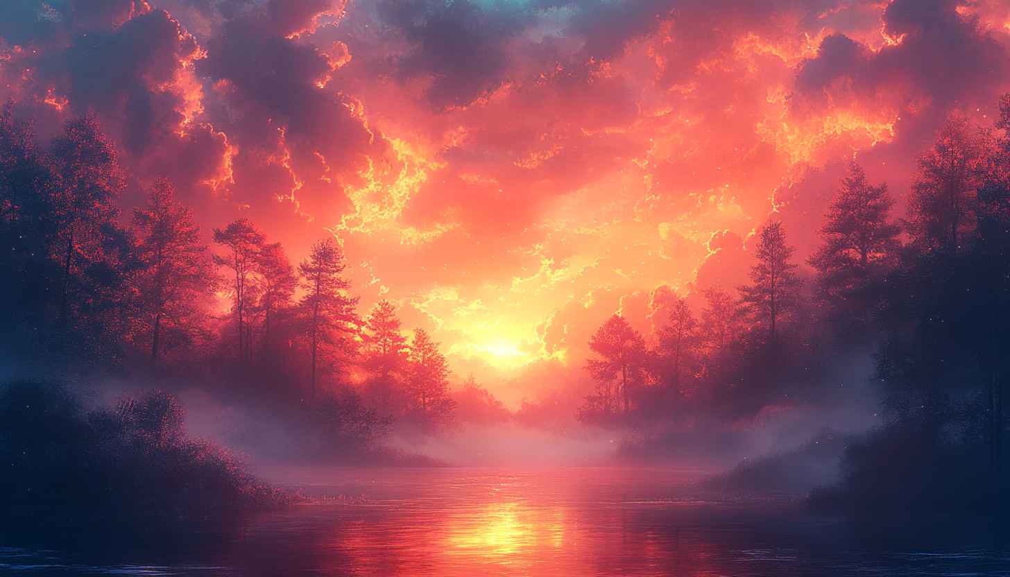 Fiery Sky Landscape Wallpaper: Sunset Lake Scenery, Nature Background