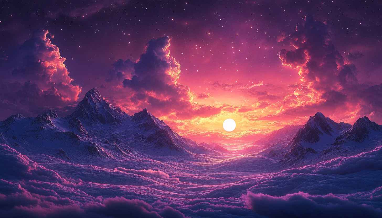 Celestial Landscape Wallpaper: Mountain, Sunset, Cloud, Star, 4K