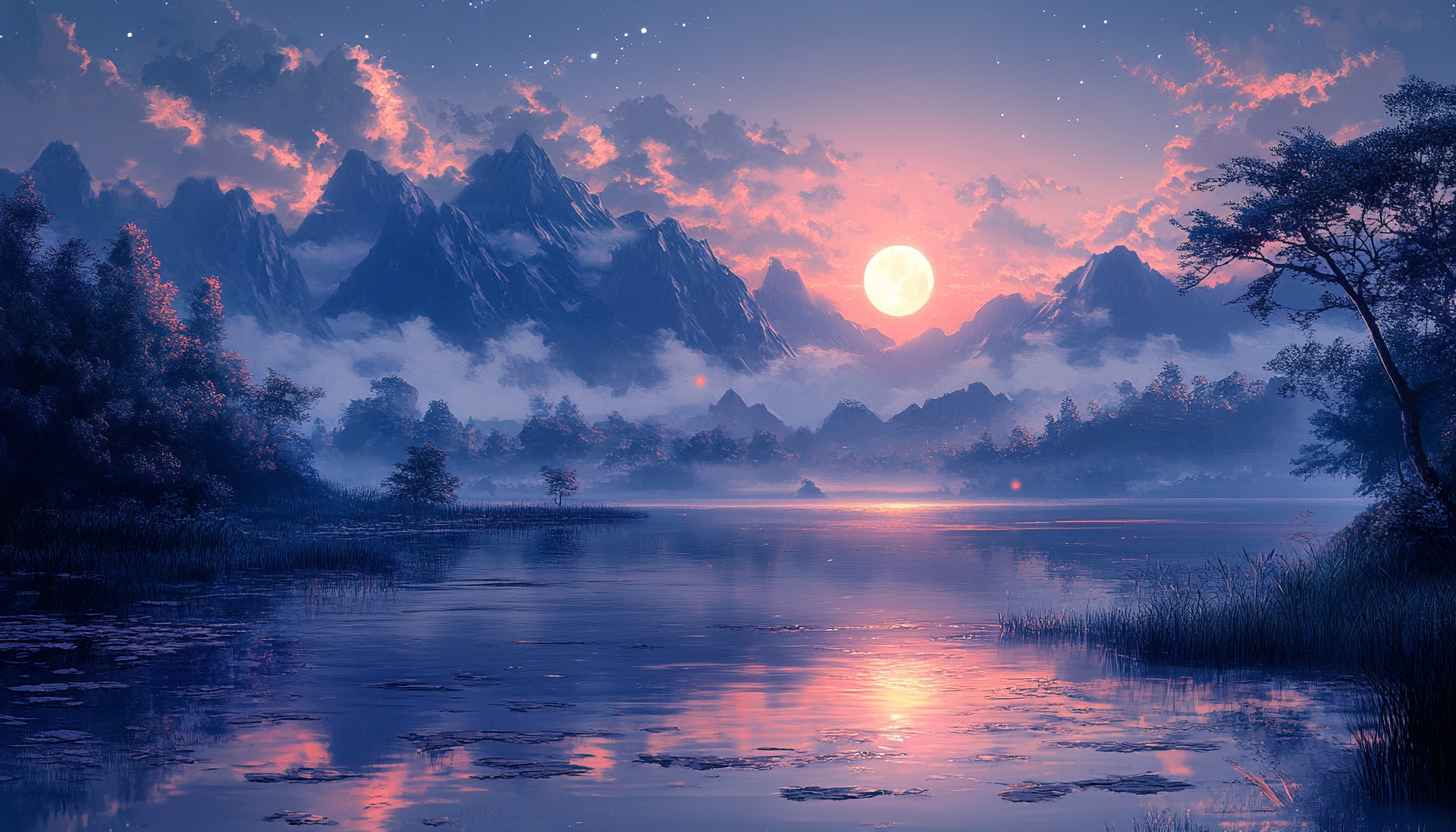 Fantasy Landscape Wallpaper, Mountain Lake, Moon, 4k Desktop Background