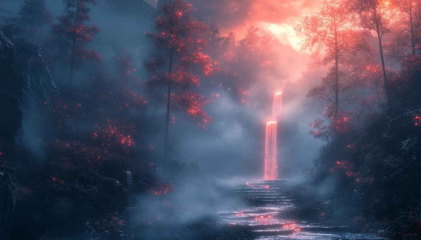Mystical Waterfall Landscape Wallpaper, Fantasy Forest, Scenic View