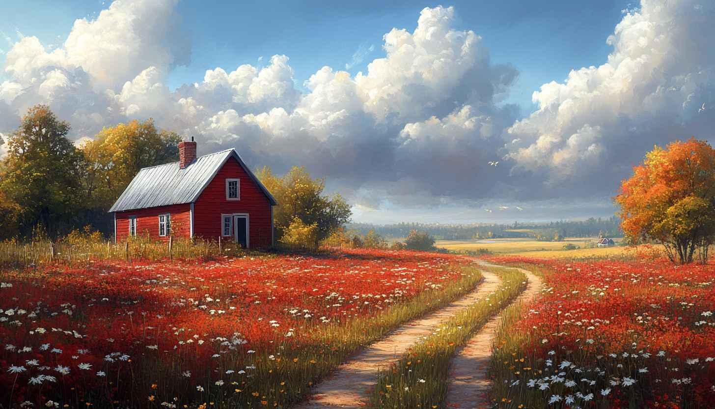 Scenic Landscape Wallpaper: Cottage, Field, Sky, Nature, 4K