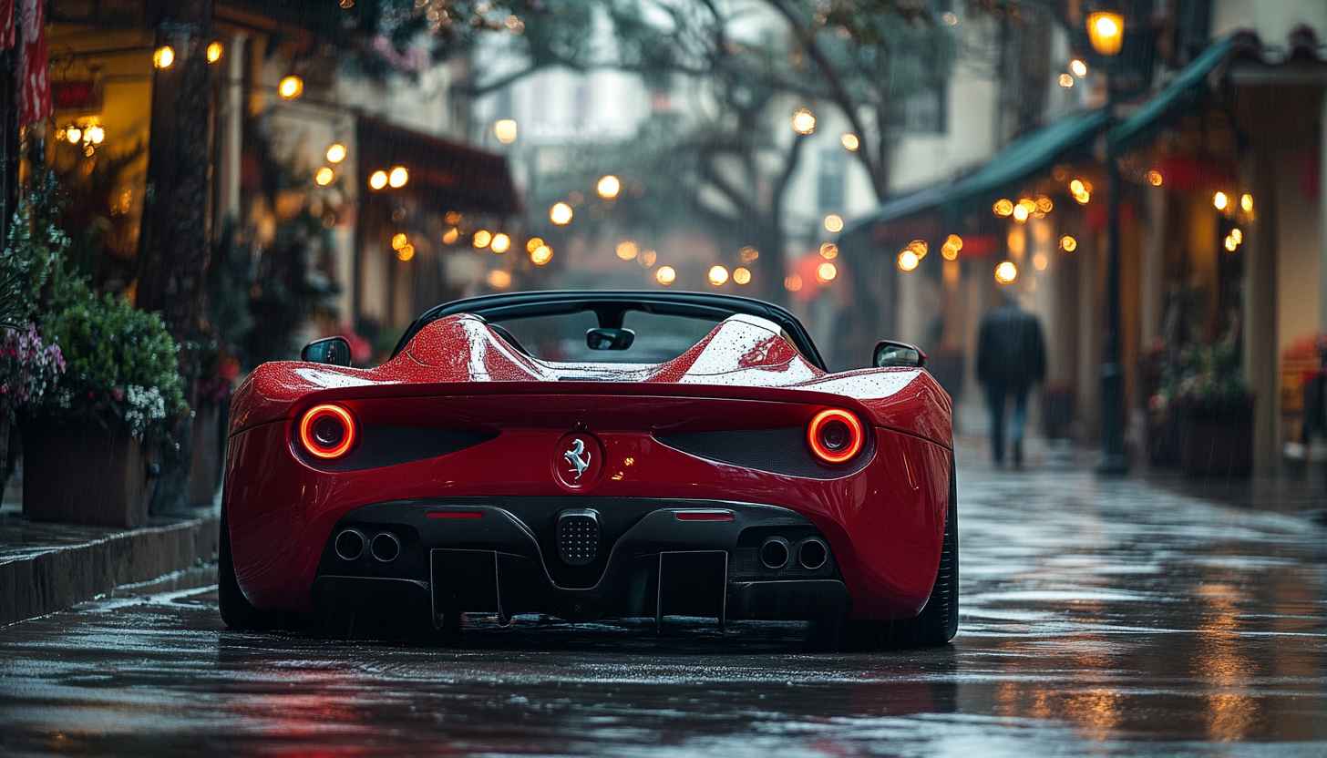Red Ferrari Wallpaper, Rainy Street, Luxury Car, 4K Wallpaper