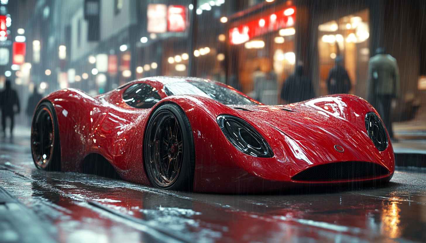 Sleek Red Car Wallpaper, Rainy Night Car Background, 4K