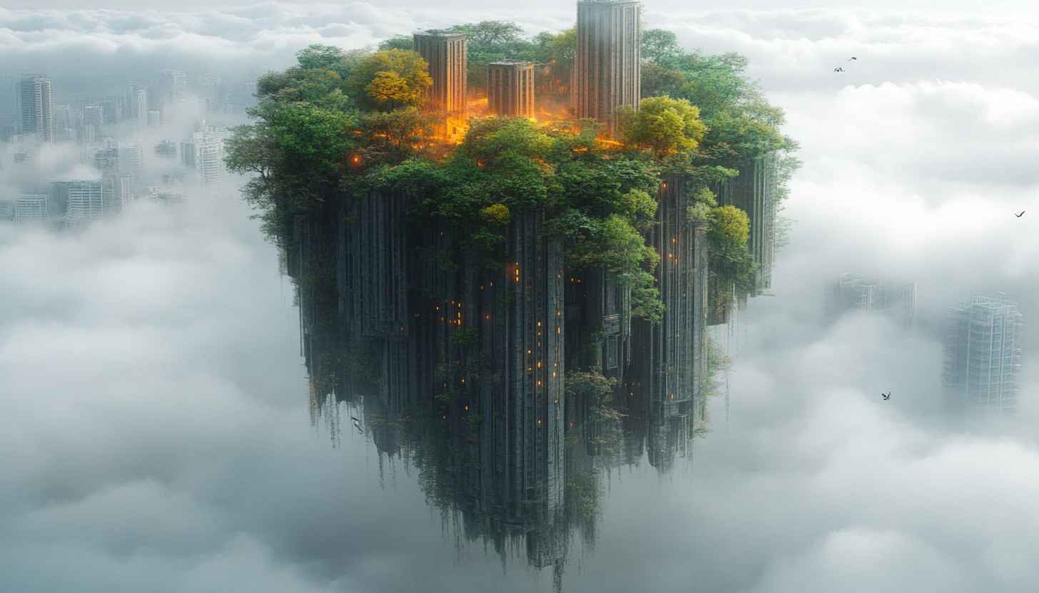 Fantasy Island Wallpaper: Floating City in Clouds for Desktop Background