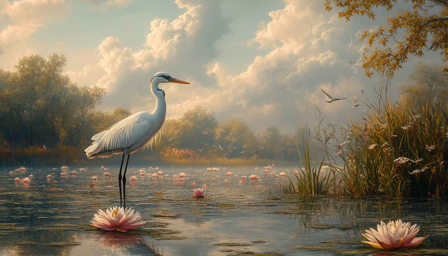 Egret and Lily Pad Lake Serenity Wallpaper Art 4K