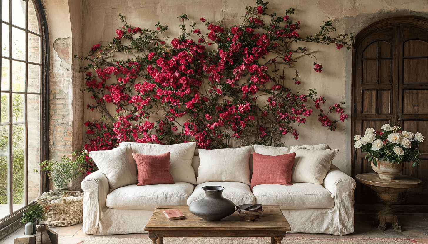 Rustic Home Decor Wallpaper, Bougainvillea Flower, Sofa, Interior Design