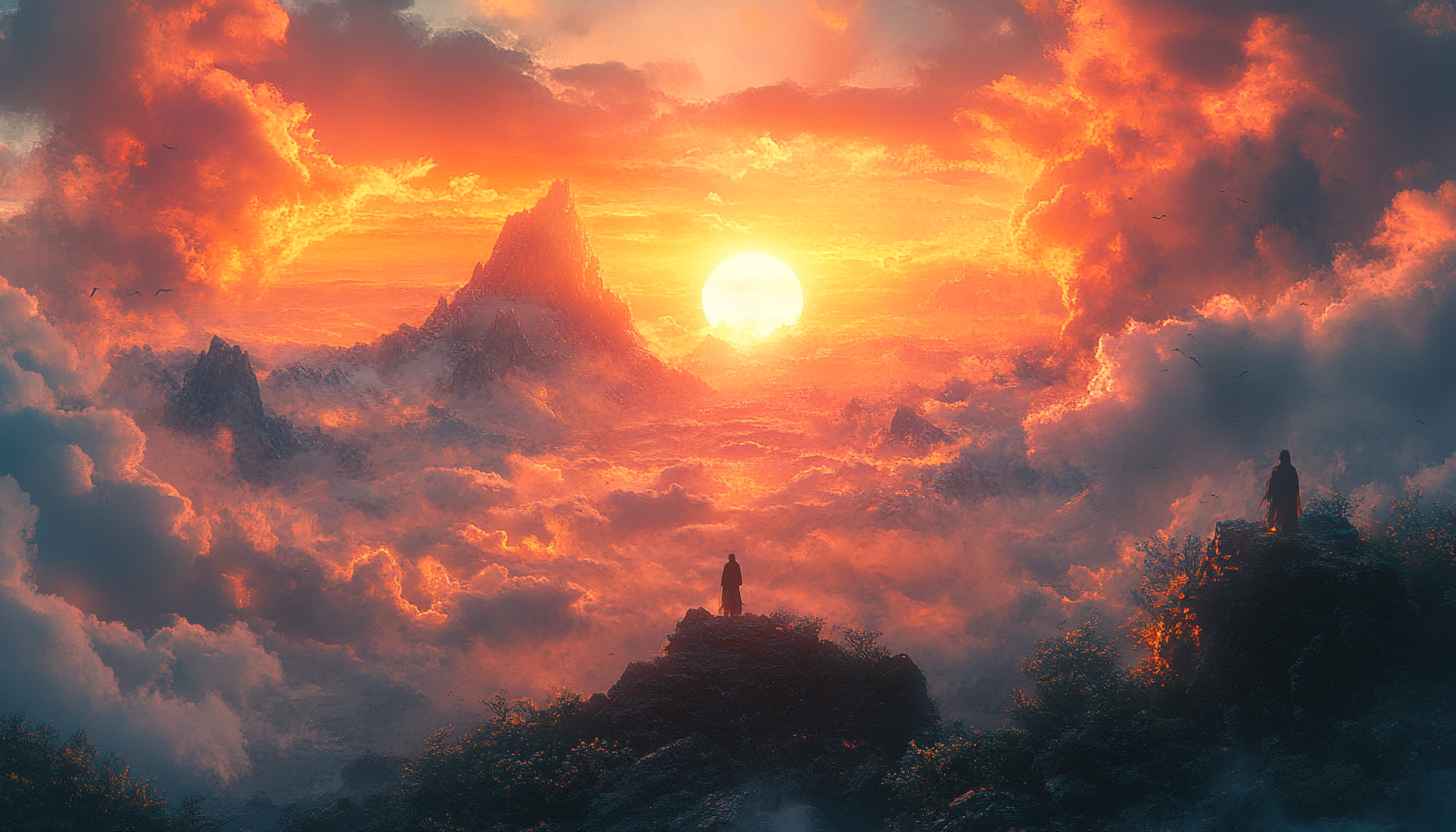 Mountain Landscape Sunset Wallpaper, Fantasy Scenery, Orange Sky Clouds