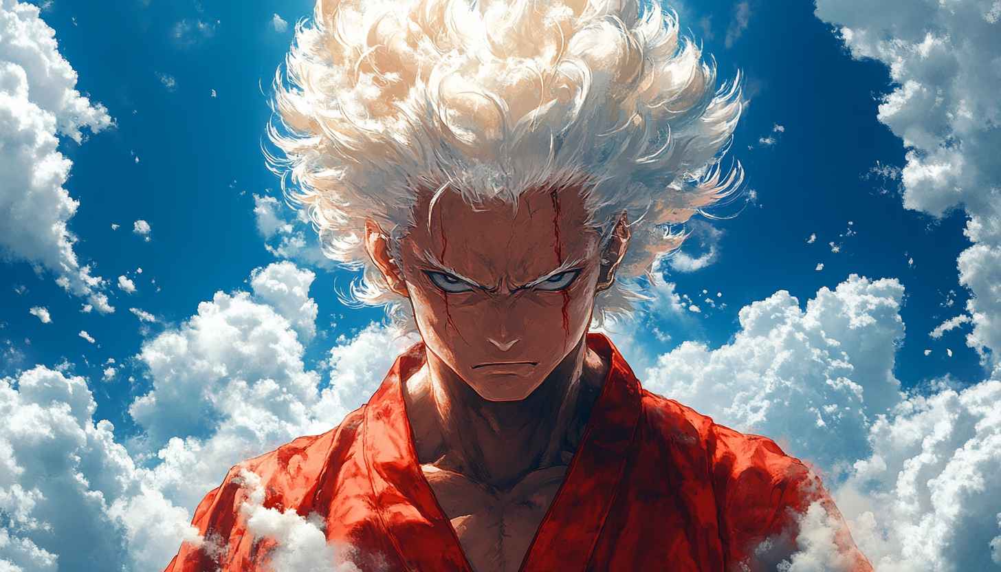 Anime Wallpaper: Intense Fighter with White Hair and Clouds