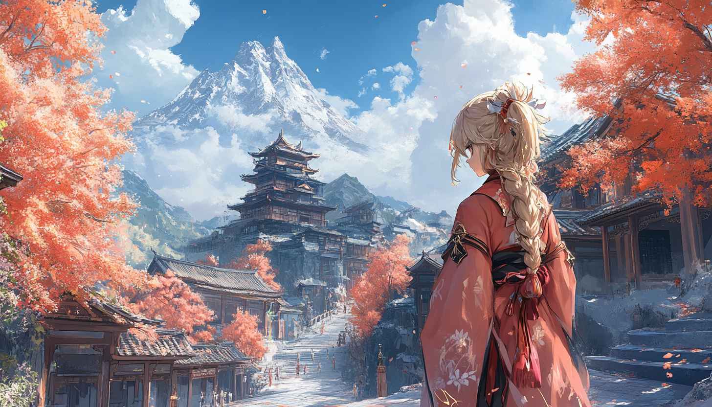 Anime Girl in Japanese Landscape Wallpaper, 4K