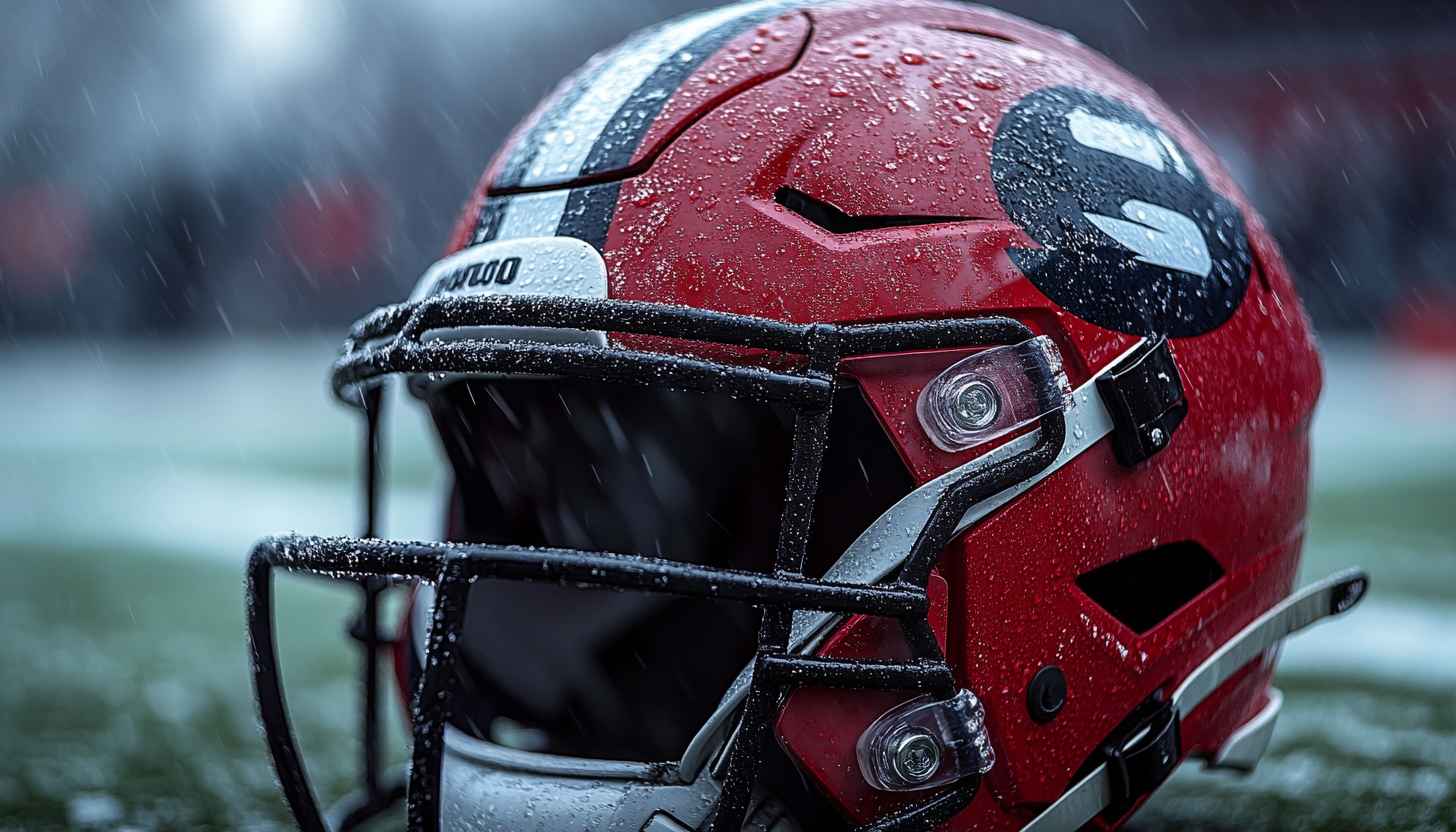 Red Football Helmet Wallpaper in the Rain, Sport Aesthetic