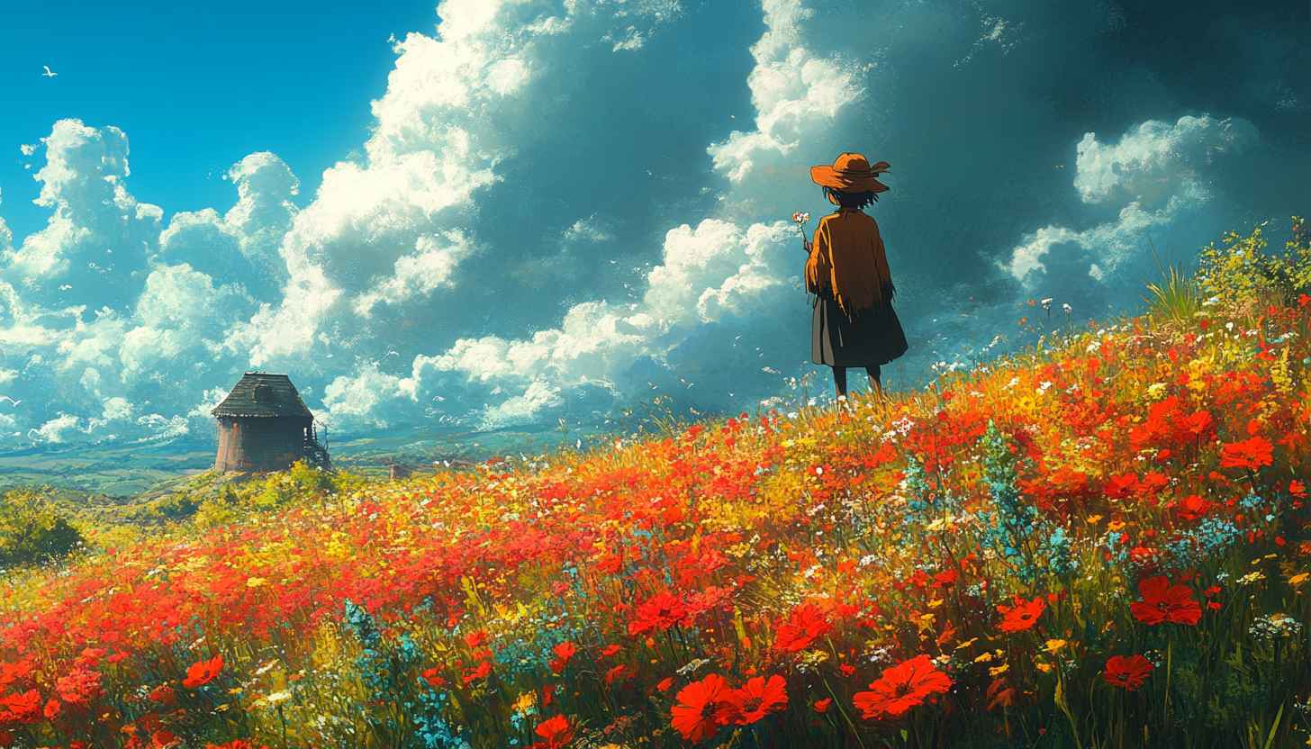 Anime Landscape Wallpaper: Girl, Field, Clouds, and Mill