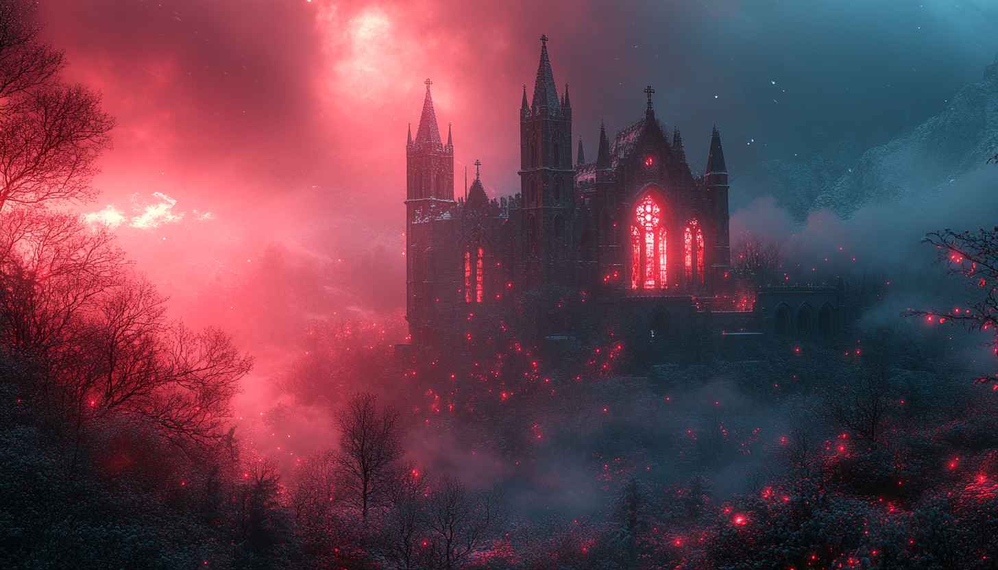 Gothic Castle Wallpaper, Fantasy Landscape, Red and Blue Tone