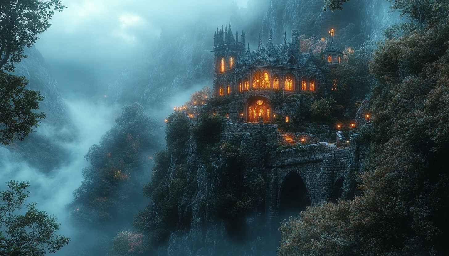 Mystical Castle Wallpaper: Fantasy Architecture, Foggy Landscape, Stone Fortress