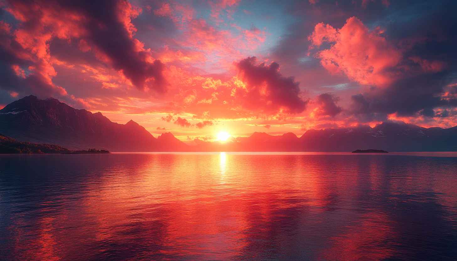 Majestic Sunset Scenery Wallpaper: Lake, Mountains, and Red Sky