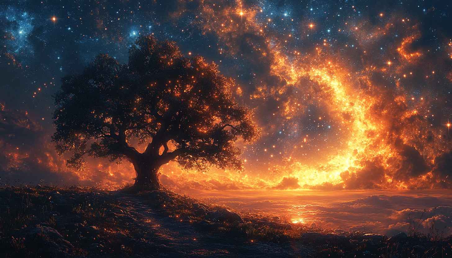 Enchanted Tree and Sky Wallpaper, Fantasy Night Stars