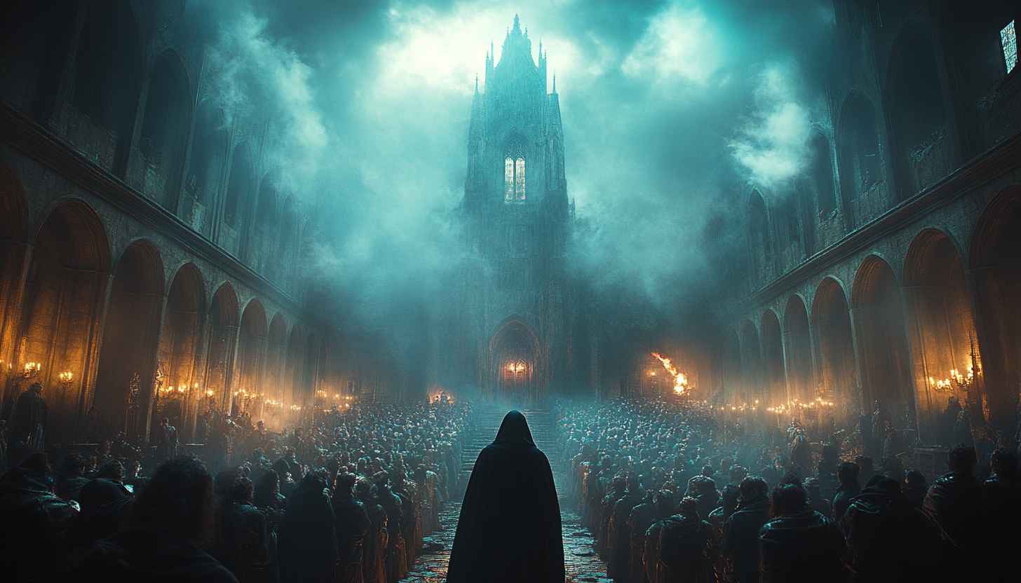Dark Fantasy Ritual Wallpaper, Hooded Figure, Castle, 4k, Desktop