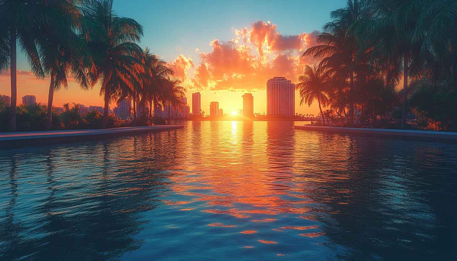 Sunset Cityscape Wallpaper with Palm Trees and Water Reflection