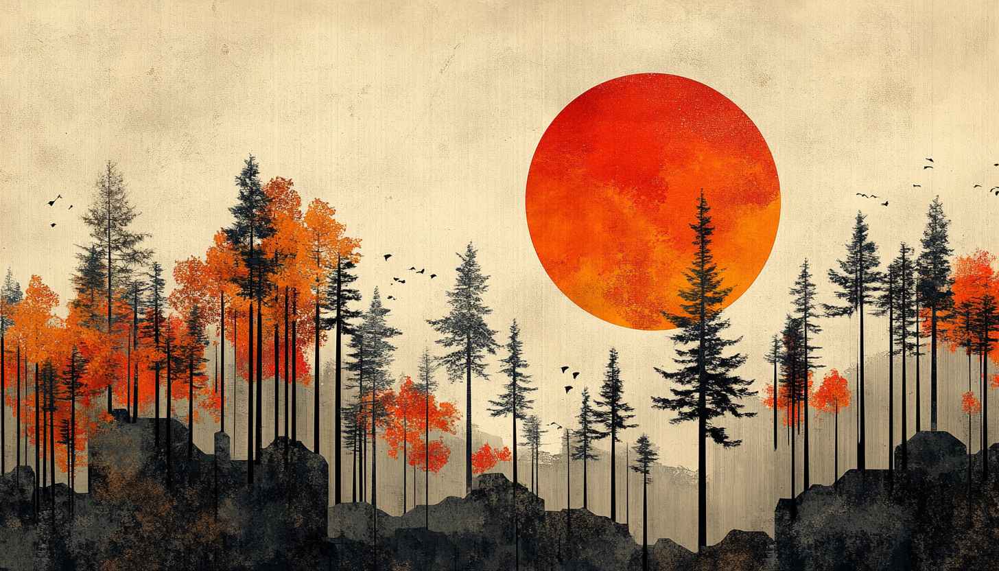 Autumn Forest Wallpaper: Red Sun, Pine Trees, Nature Aesthetic